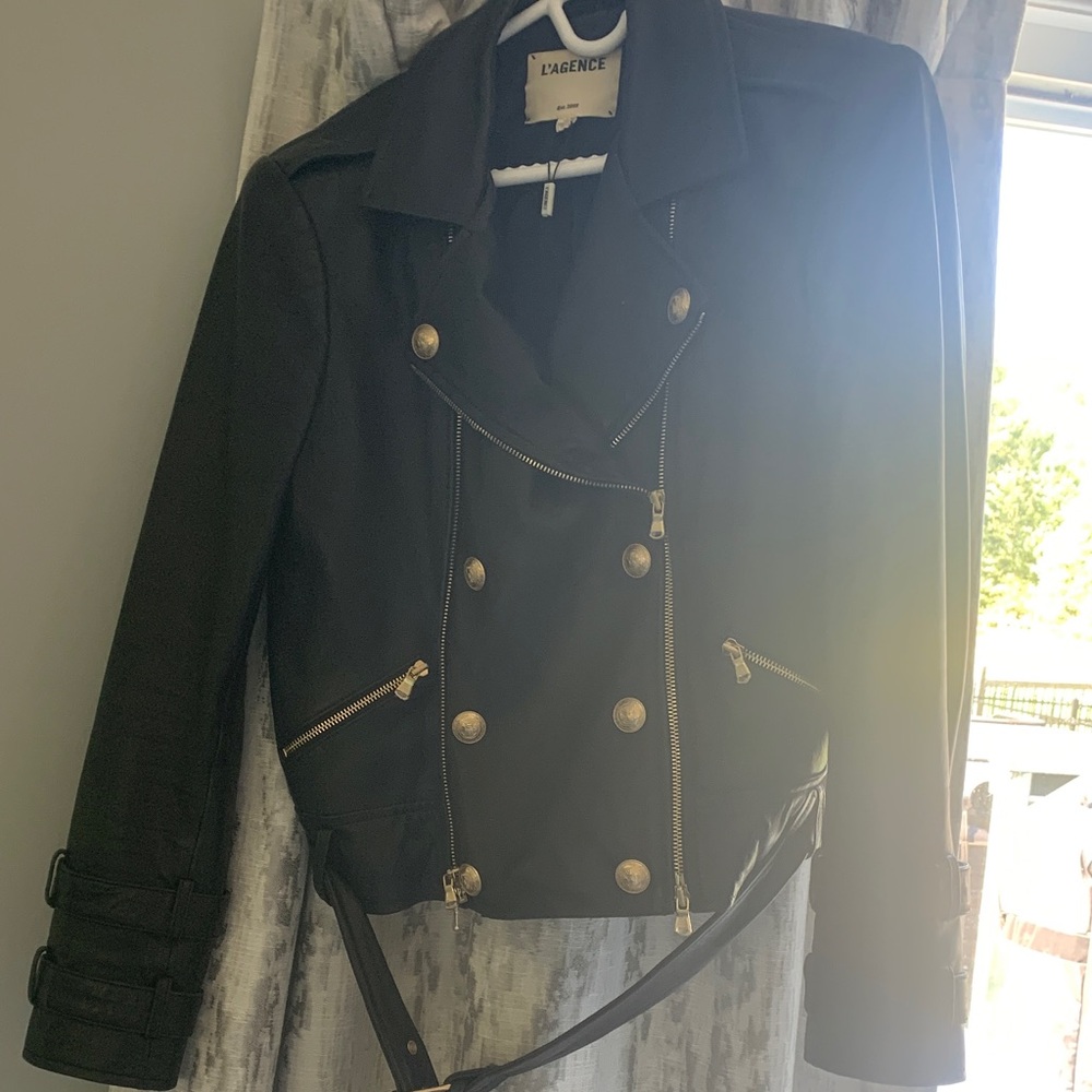L'AGENCE Black Double-Breasted Leather Moto Jacket with Gold Hardware